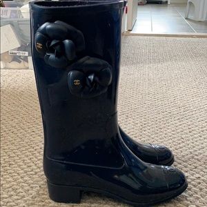Authentic Chanel Camellia Flower Navy Rain Boots.